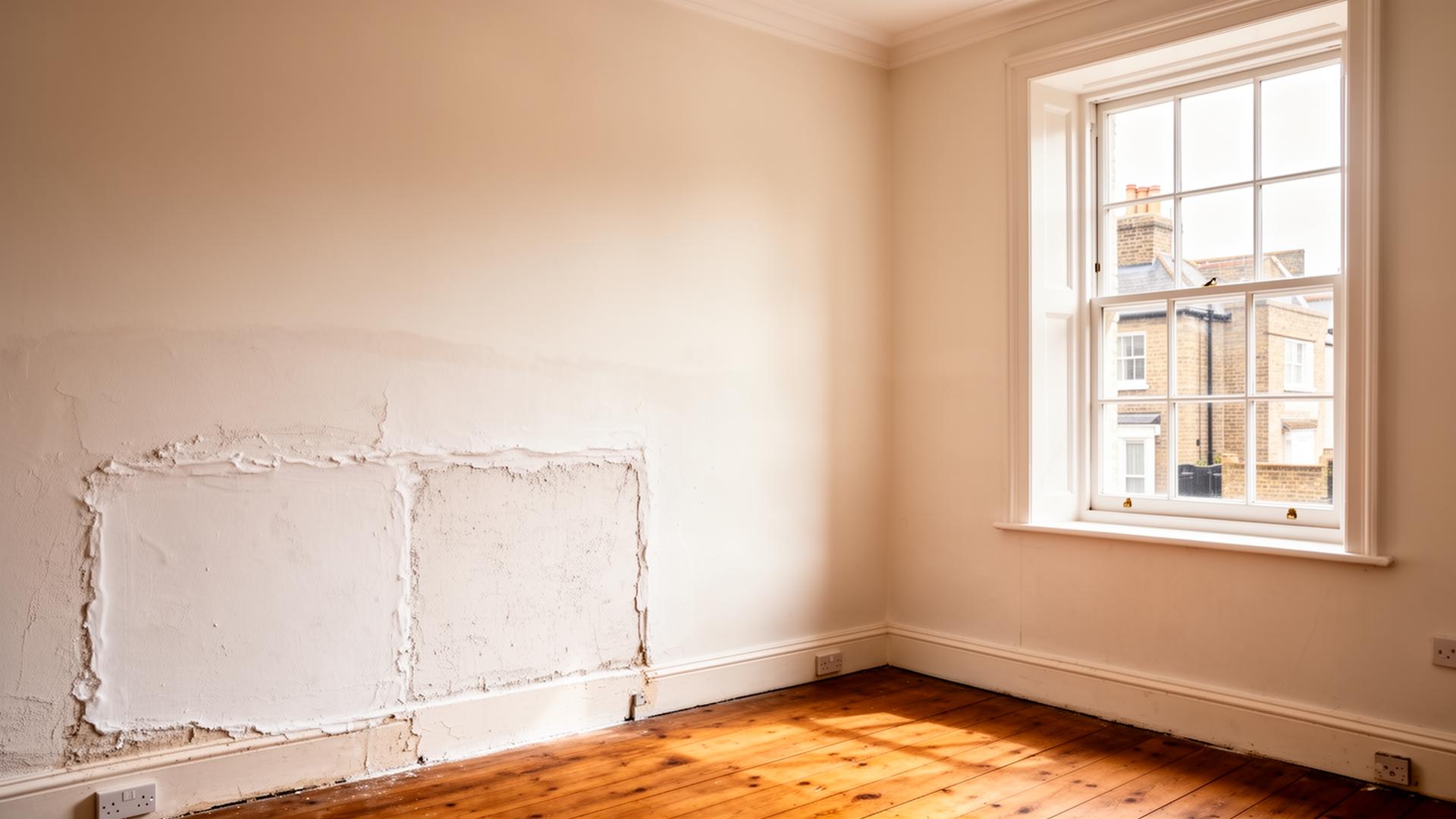 Damp proofed Victorian terrace bedroom with new plaster